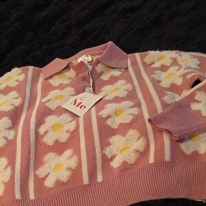 SO Pink and White Crew Neck Sweater with Ribbed Trim